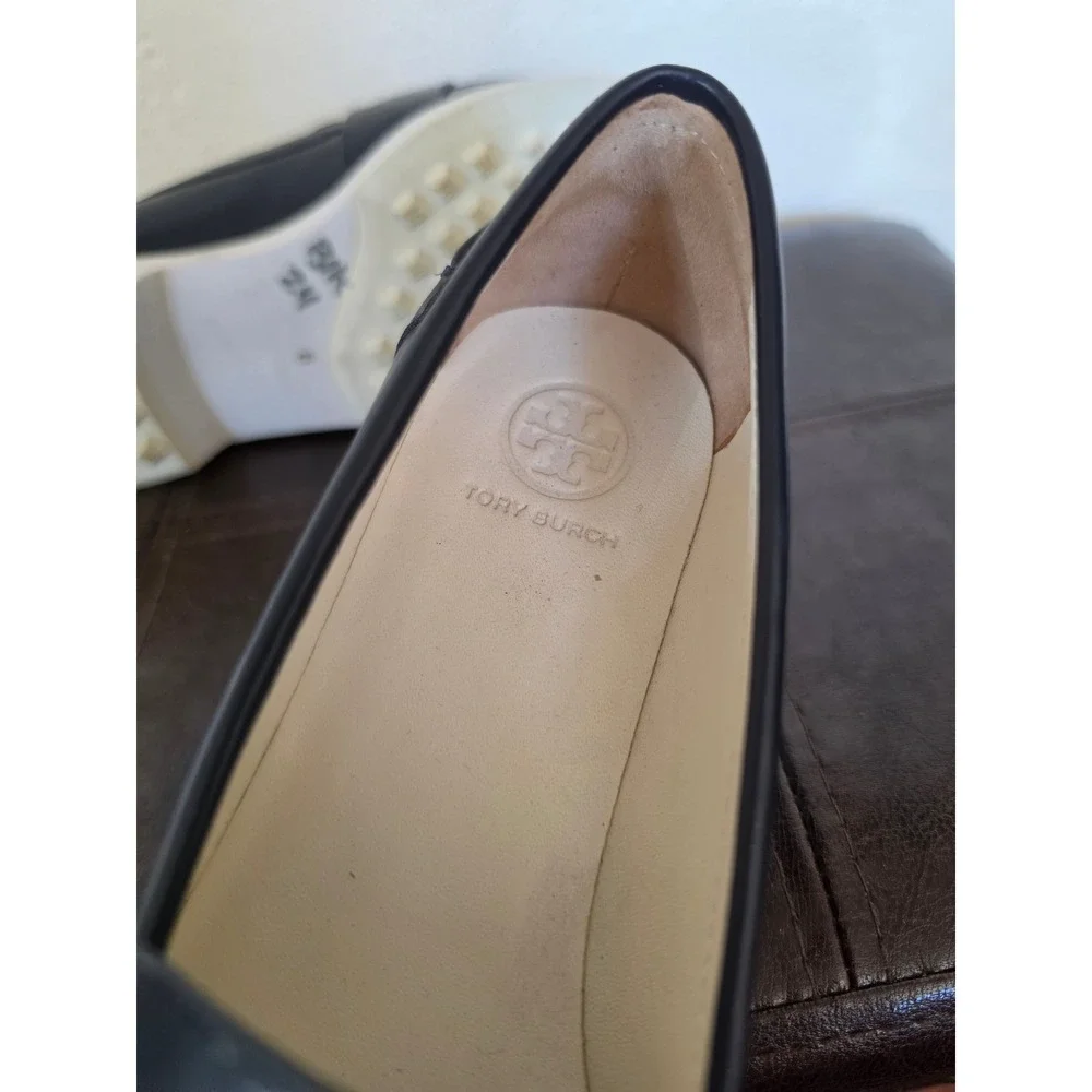 Tory Burch Navy Blue Leather Logo Minimalist Old Money Coastal Loafers sz 6